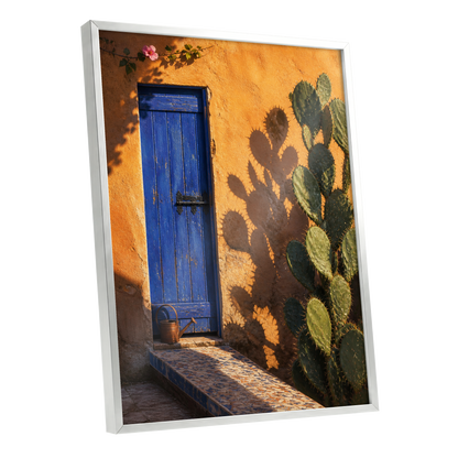 Cobalt Courtyard, orange, blue, green nature wall art shown as a silver framed poster wall art print