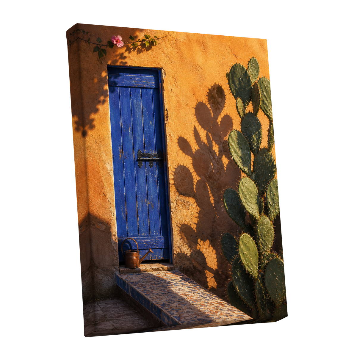Cobalt Courtyard, orange, blue, green nature wall art shown as a stretched canvas wall art
