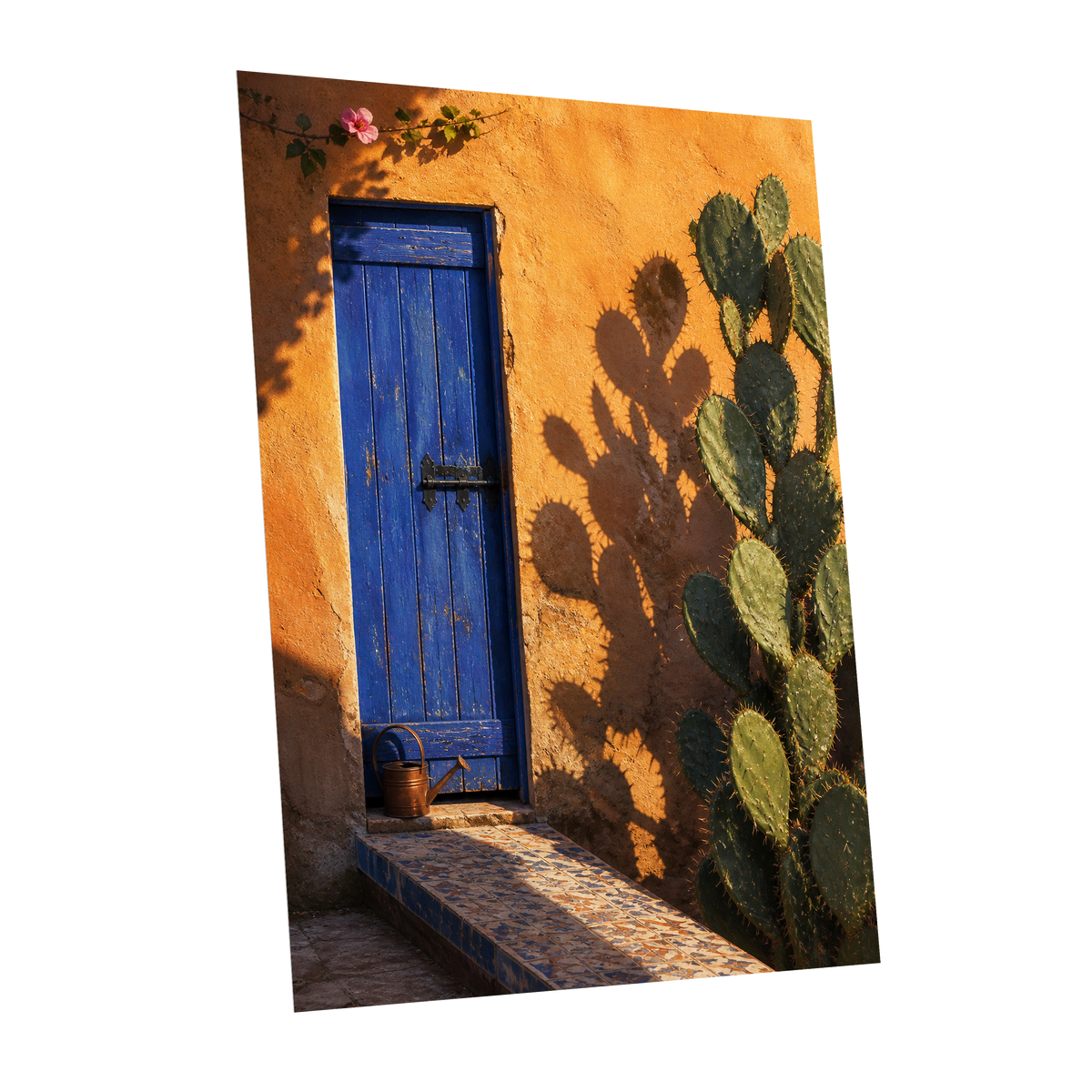 Cobalt Courtyard, orange, blue, green nature wall art shown as a unframed poster wall art print
