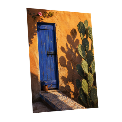 Cobalt Courtyard, orange, blue, green nature wall art shown as a unframed poster wall art print
