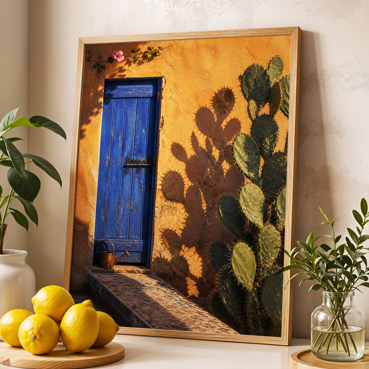 Cobalt Courtyard, orange, blue, green nature wall art displayed in a styled interior, gallery view 2