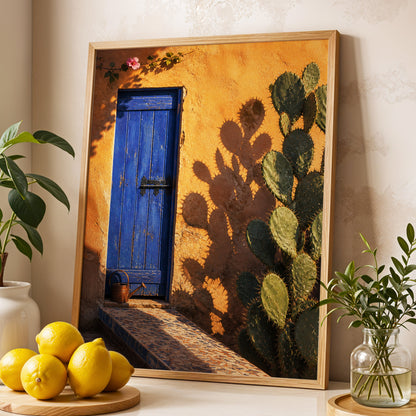 Cobalt Courtyard, orange, blue, green nature wall art displayed in a styled interior, gallery view 2
