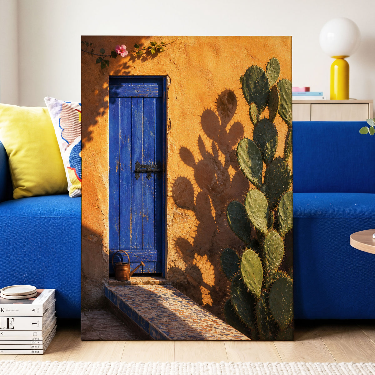 Cobalt Courtyard, orange, blue, green nature wall art displayed in a styled interior, gallery view 3