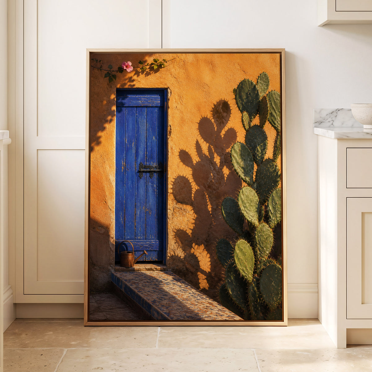 Cobalt Courtyard, orange, blue, green nature wall art displayed in a styled interior, gallery view 4