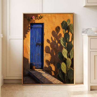Cobalt Courtyard, orange, blue, green nature wall art displayed in a styled interior, gallery view 4
