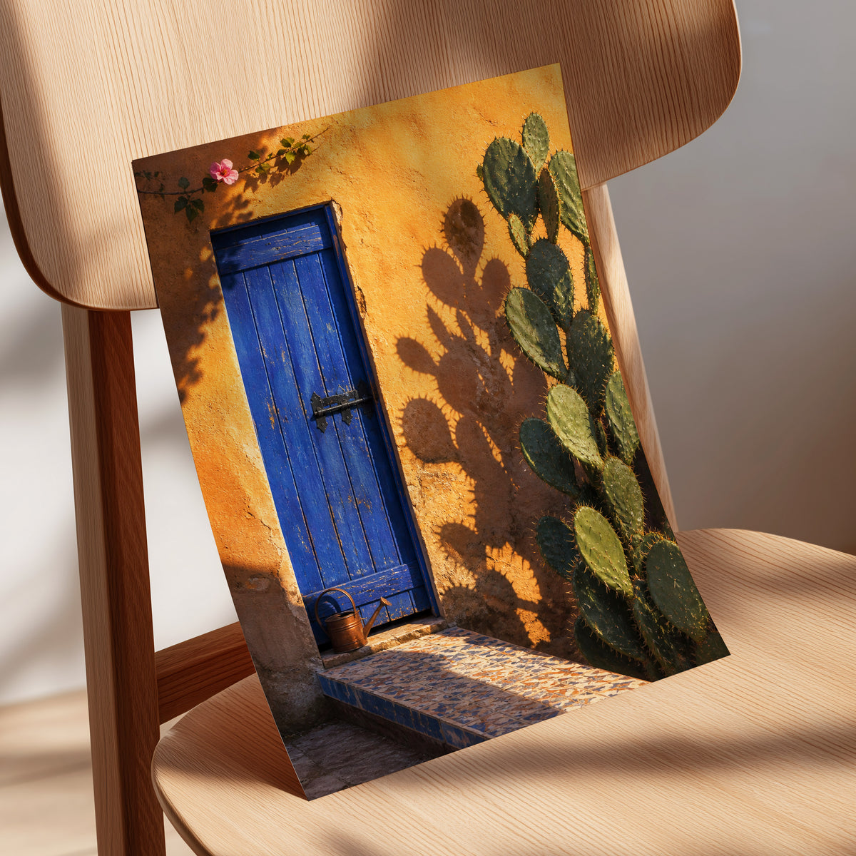 Cobalt Courtyard, orange, blue, green nature wall art displayed in a styled interior, gallery view 5