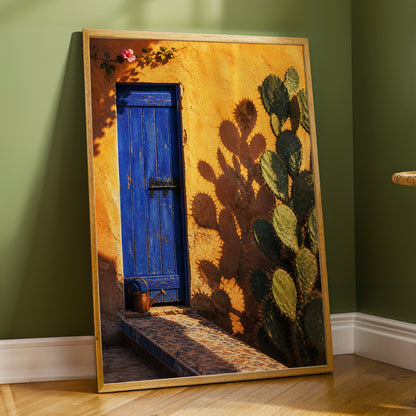 Cobalt Courtyard, orange, blue, green nature wall art displayed in a styled interior, gallery view 6
