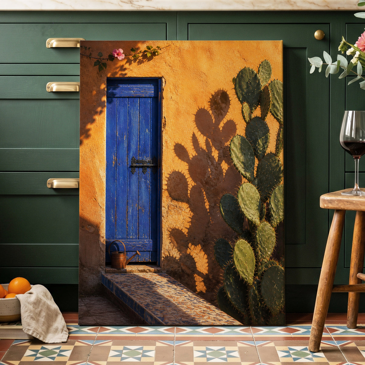 Cobalt Courtyard, orange, blue, green nature wall art displayed in a styled interior, gallery view 7