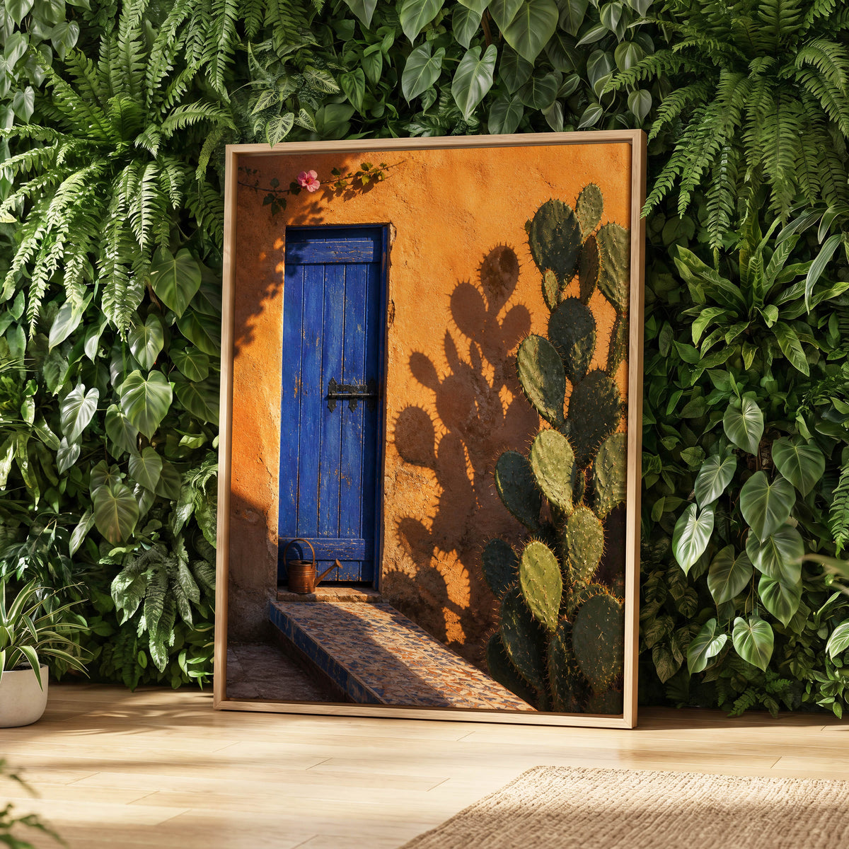 Cobalt Courtyard, orange, blue, green nature wall art displayed in a styled interior, gallery view 8