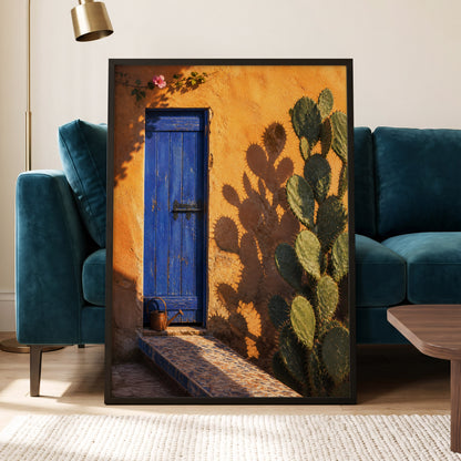 Cobalt Courtyard, orange, blue, green nature wall art displayed in a styled interior, gallery view 9