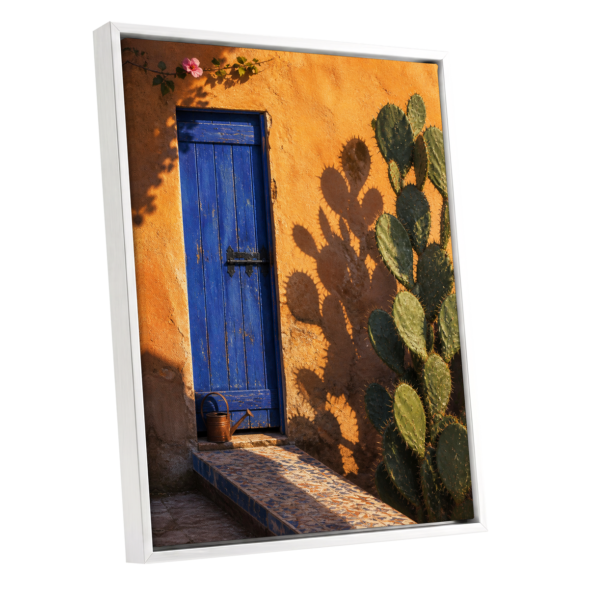 Cobalt Courtyard, orange, blue, green nature wall art shown as a white framed canvas wall art