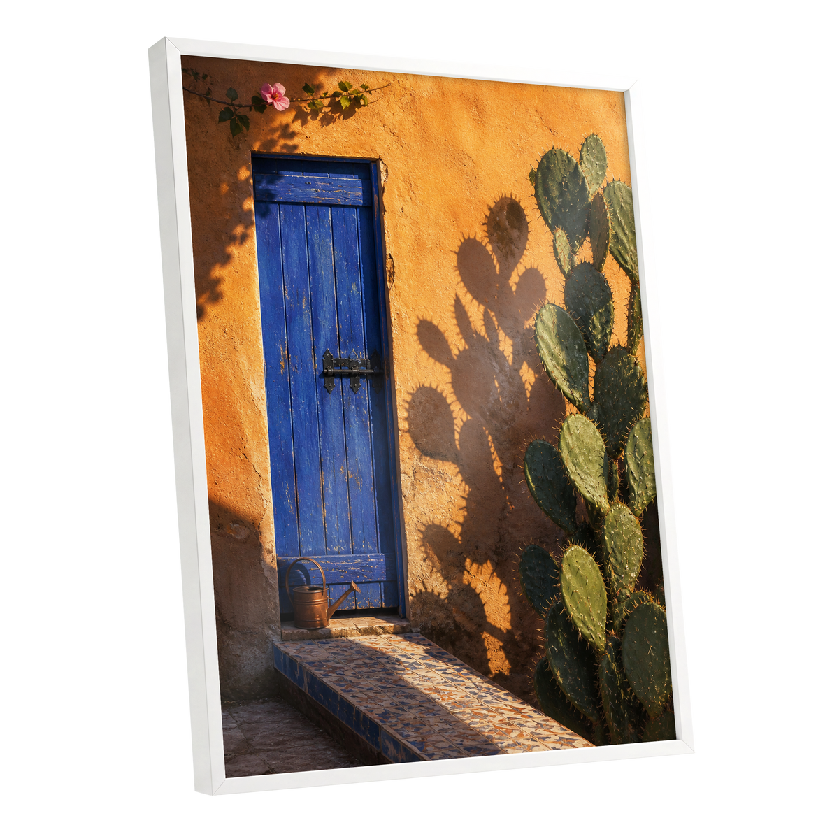 Cobalt Courtyard, orange, blue, green nature wall art shown as a white framed poster wall art print