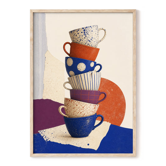Cobalt Cup Cascade, blue, beige, orange abstract wall art, front artwork view