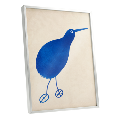 Cobalt Curiosity, blue, beige, white nature wall art shown as a silver framed poster wall art print
