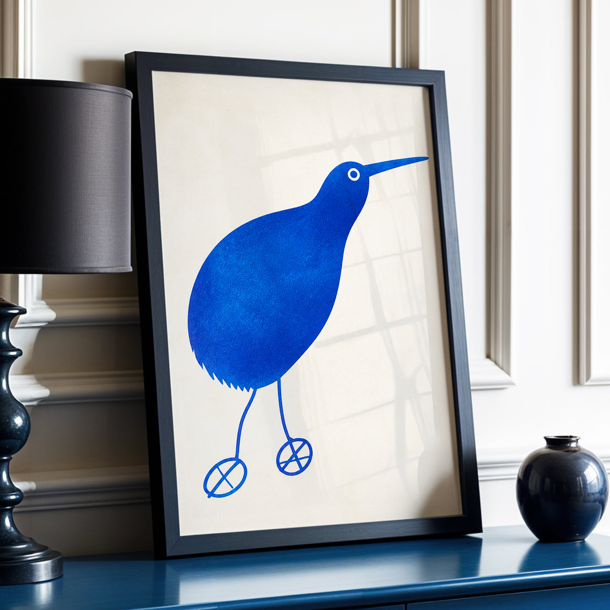 Cobalt Curiosity, blue, beige, white nature wall art displayed in a styled interior, gallery view 2