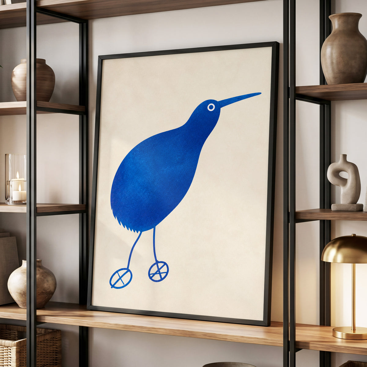 Cobalt Curiosity, blue, beige, white nature wall art displayed in a styled interior, gallery view 9