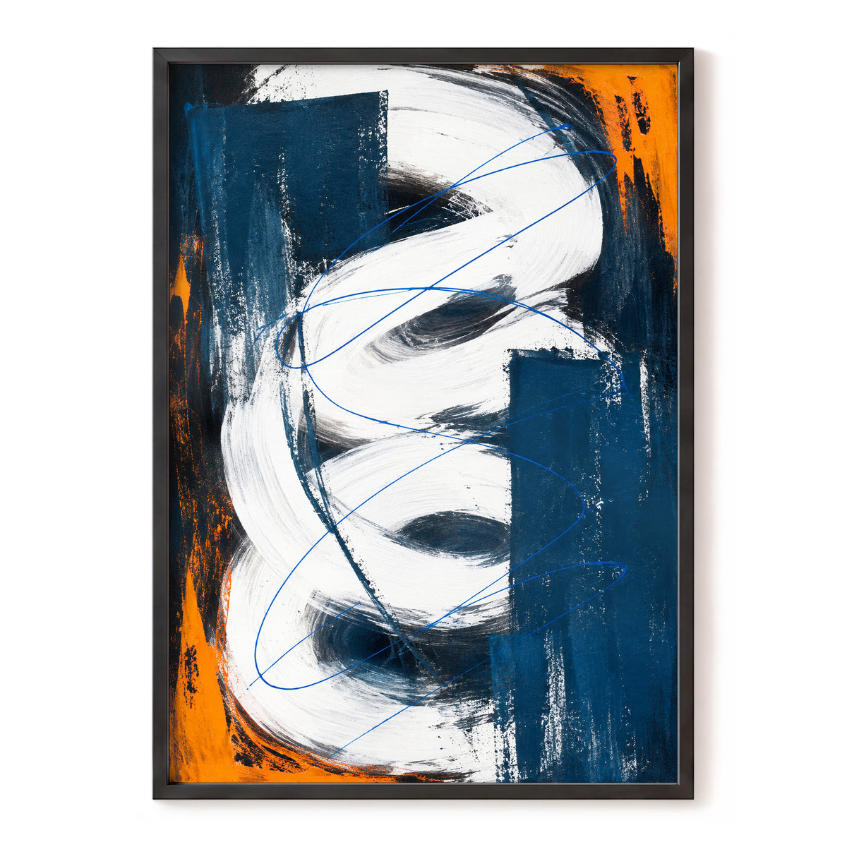 Cobalt Current, blue, white, black abstract wall art, front artwork view