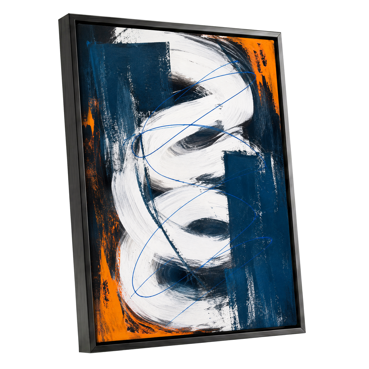 Cobalt Current, blue, white, black abstract wall art shown as a black framed canvas wall art