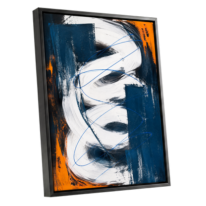 Cobalt Current, blue, white, black abstract wall art shown as a black framed canvas wall art