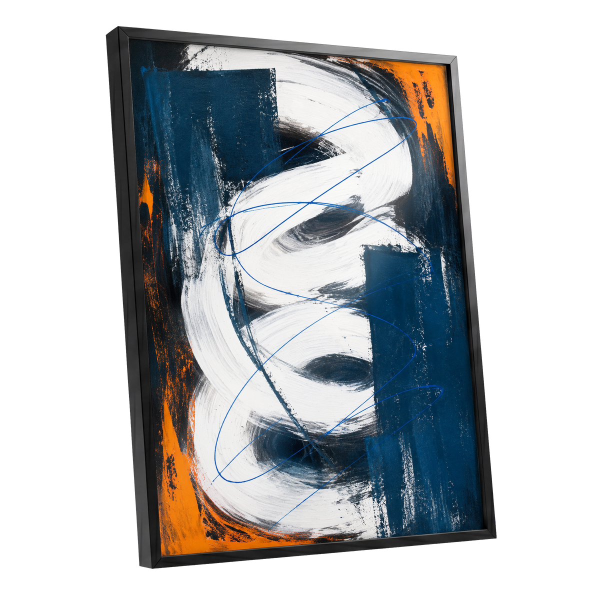 Cobalt Current, blue, white, black abstract wall art shown as a black framed poster wall art print