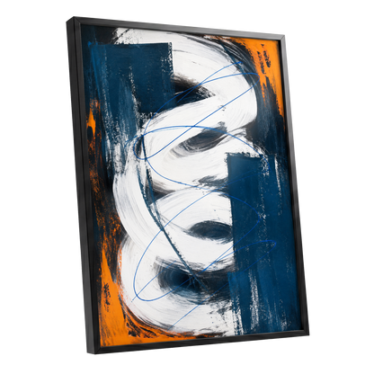 Cobalt Current, blue, white, black abstract wall art shown as a black framed poster wall art print
