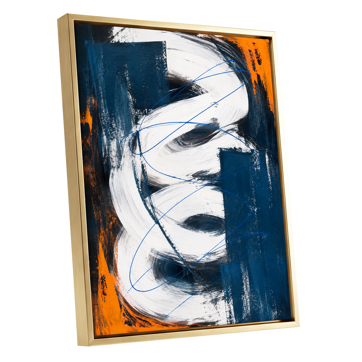 Cobalt Current, blue, white, black abstract wall art shown as a gold framed canvas wall art