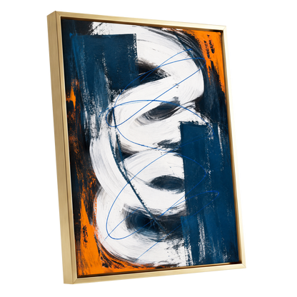 Cobalt Current, blue, white, black abstract wall art shown as a gold framed canvas wall art
