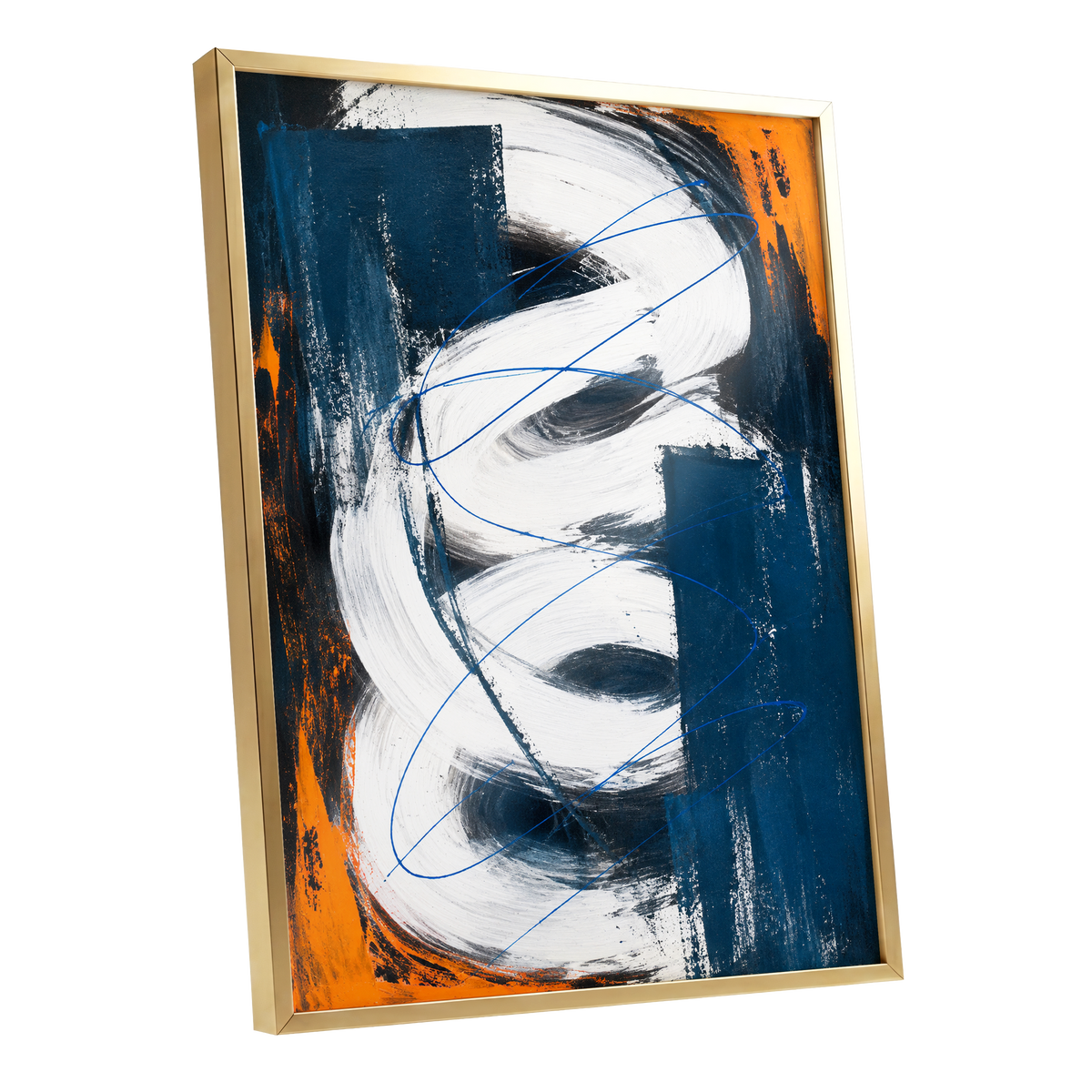 Cobalt Current, blue, white, black abstract wall art shown as a gold framed poster wall art print
