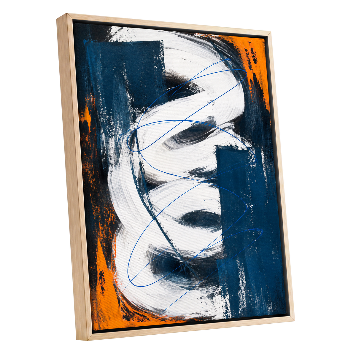 Cobalt Current, blue, white, black abstract wall art shown as a oak framed canvas wall art