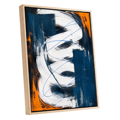Cobalt Current, blue, white, black abstract wall art shown as a oak framed canvas wall art