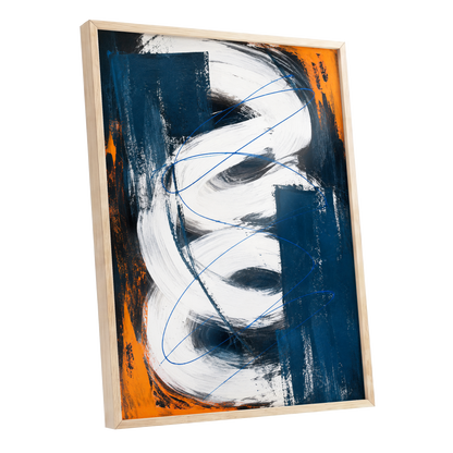 Cobalt Current, blue, white, black abstract wall art shown as a oak framed poster wall art print