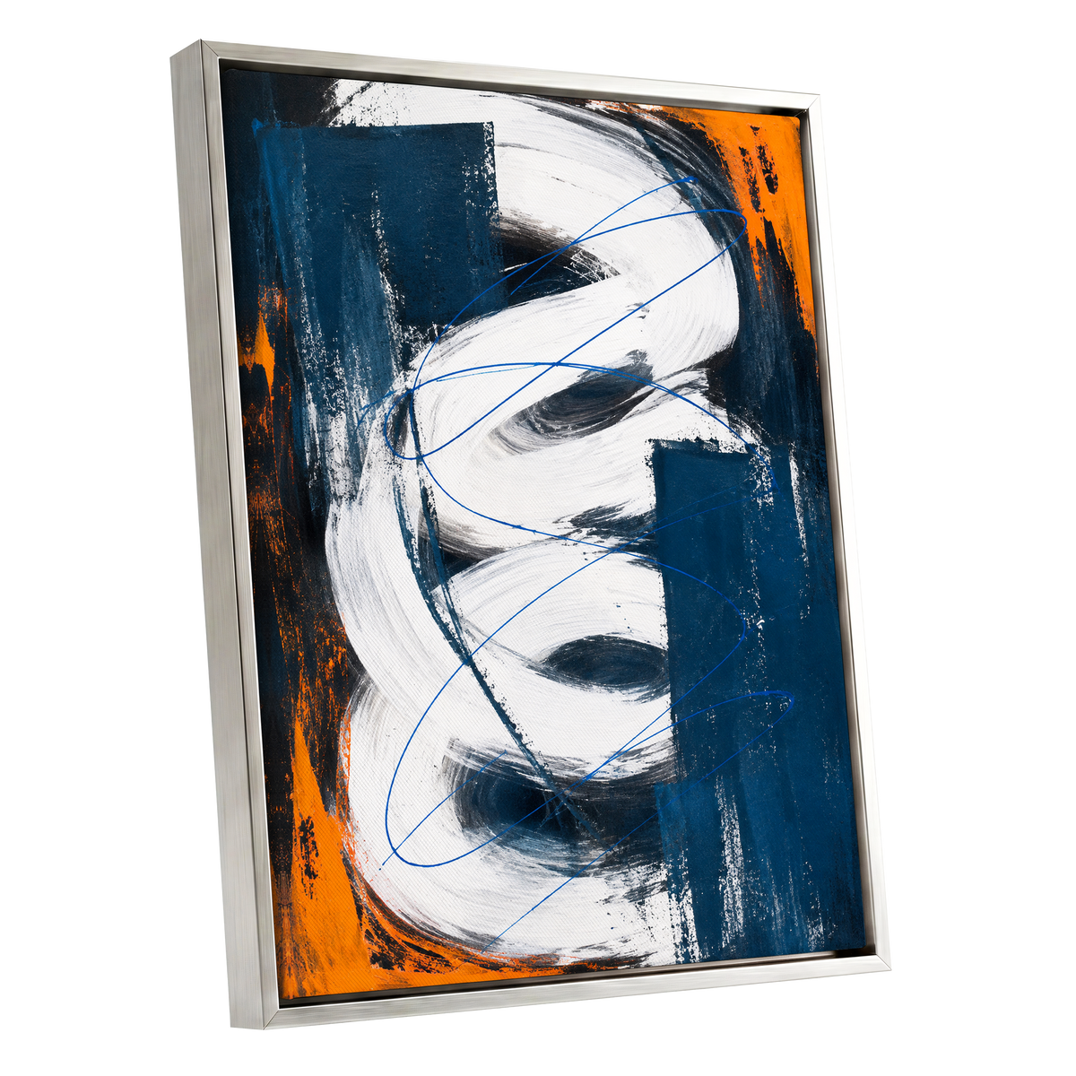 Cobalt Current, blue, white, black abstract wall art shown as a silver framed canvas wall art