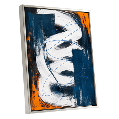 Cobalt Current, blue, white, black abstract wall art shown as a silver framed canvas wall art