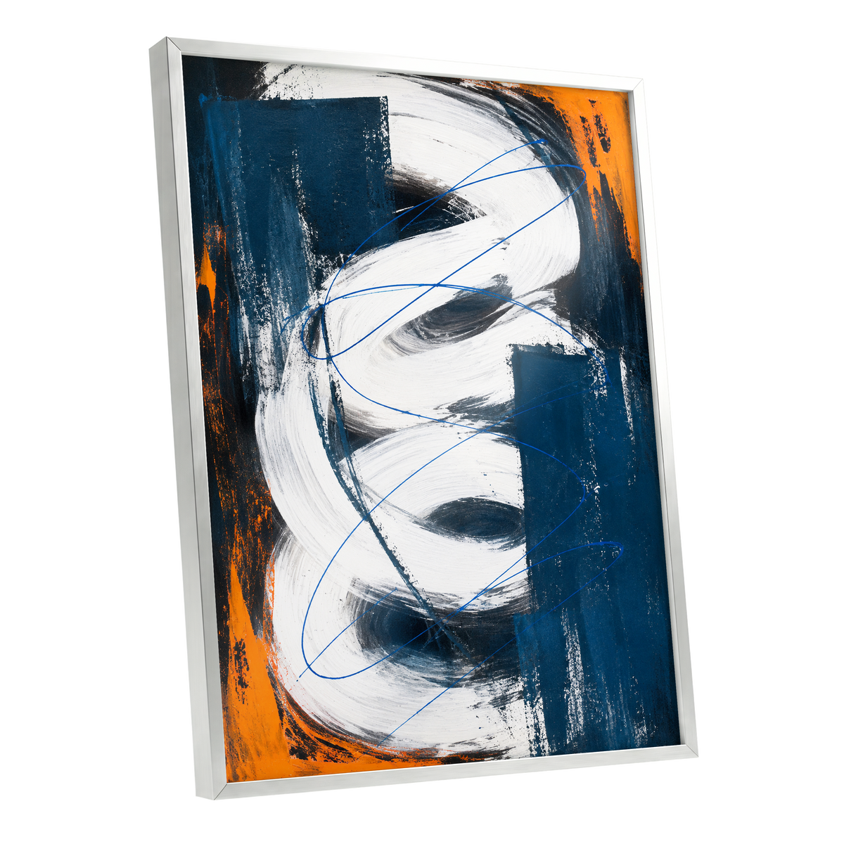 Cobalt Current, blue, white, black abstract wall art shown as a silver framed poster wall art print