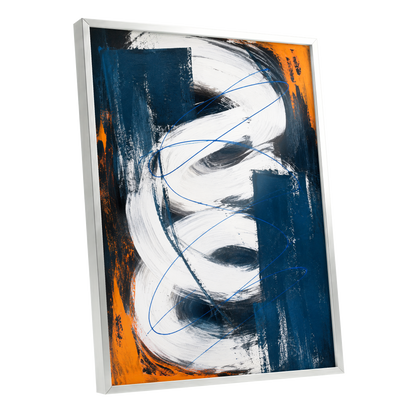 Cobalt Current, blue, white, black abstract wall art shown as a silver framed poster wall art print