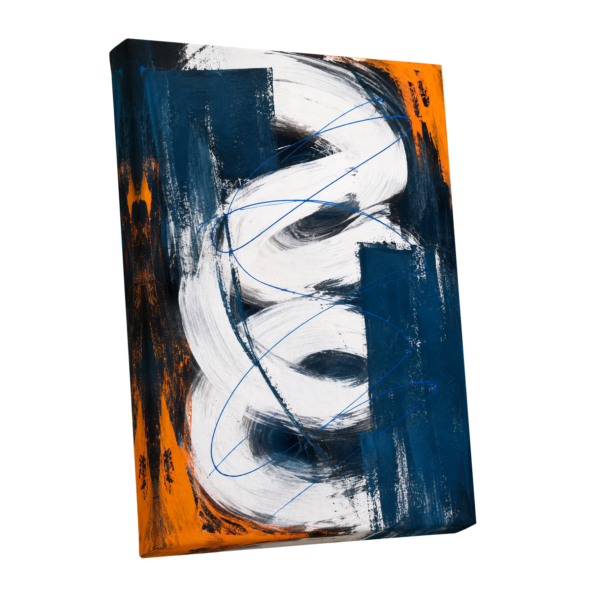 Cobalt Current, blue, white, black abstract wall art shown as a stretched canvas wall art