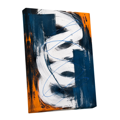 Cobalt Current, blue, white, black abstract wall art shown as a stretched canvas wall art