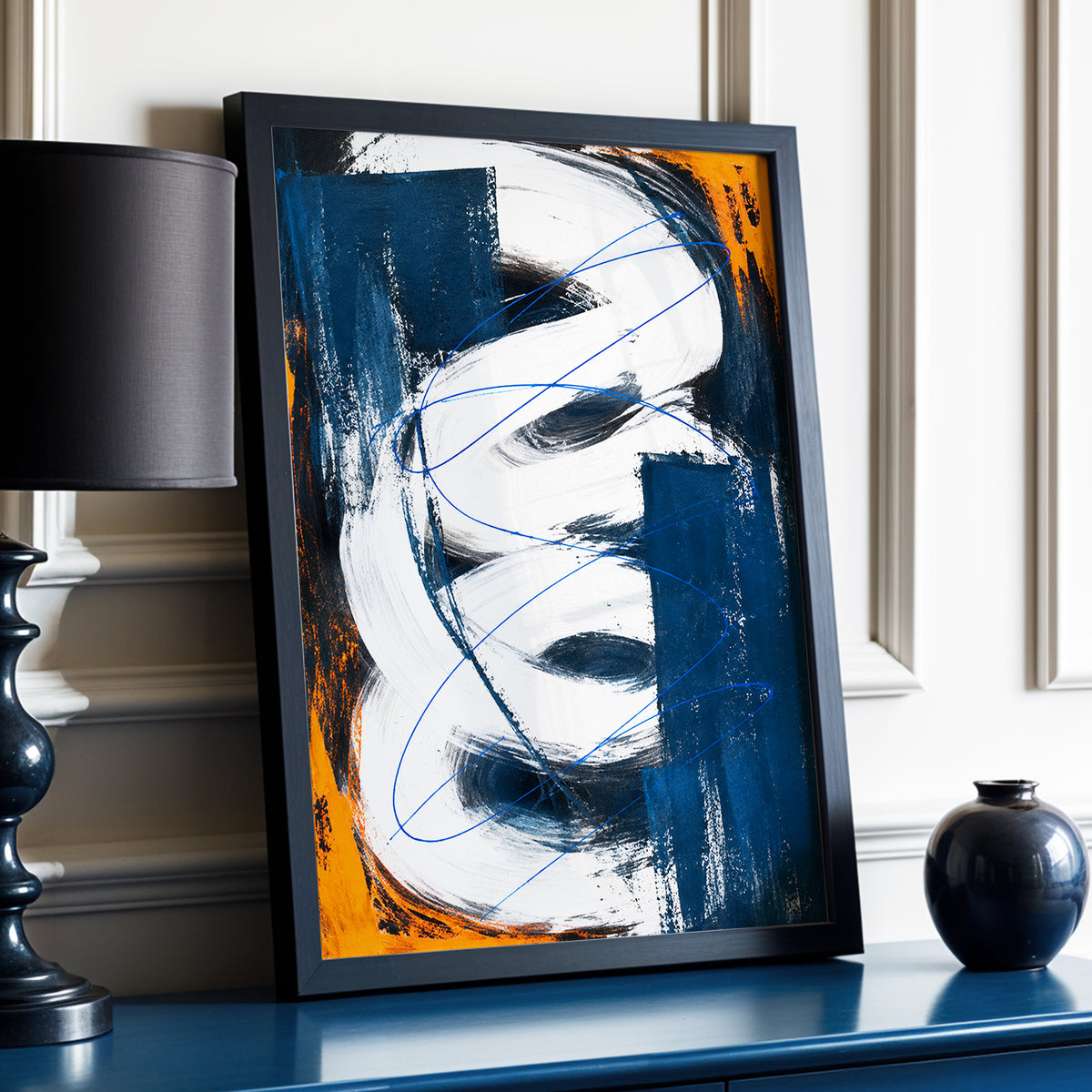 Cobalt Current, blue, white, black abstract wall art displayed in a styled interior, gallery view 2