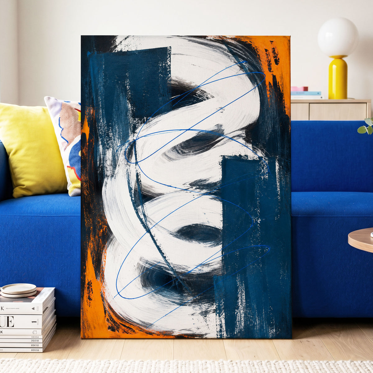 Cobalt Current, blue, white, black abstract wall art displayed in a styled interior, gallery view 3