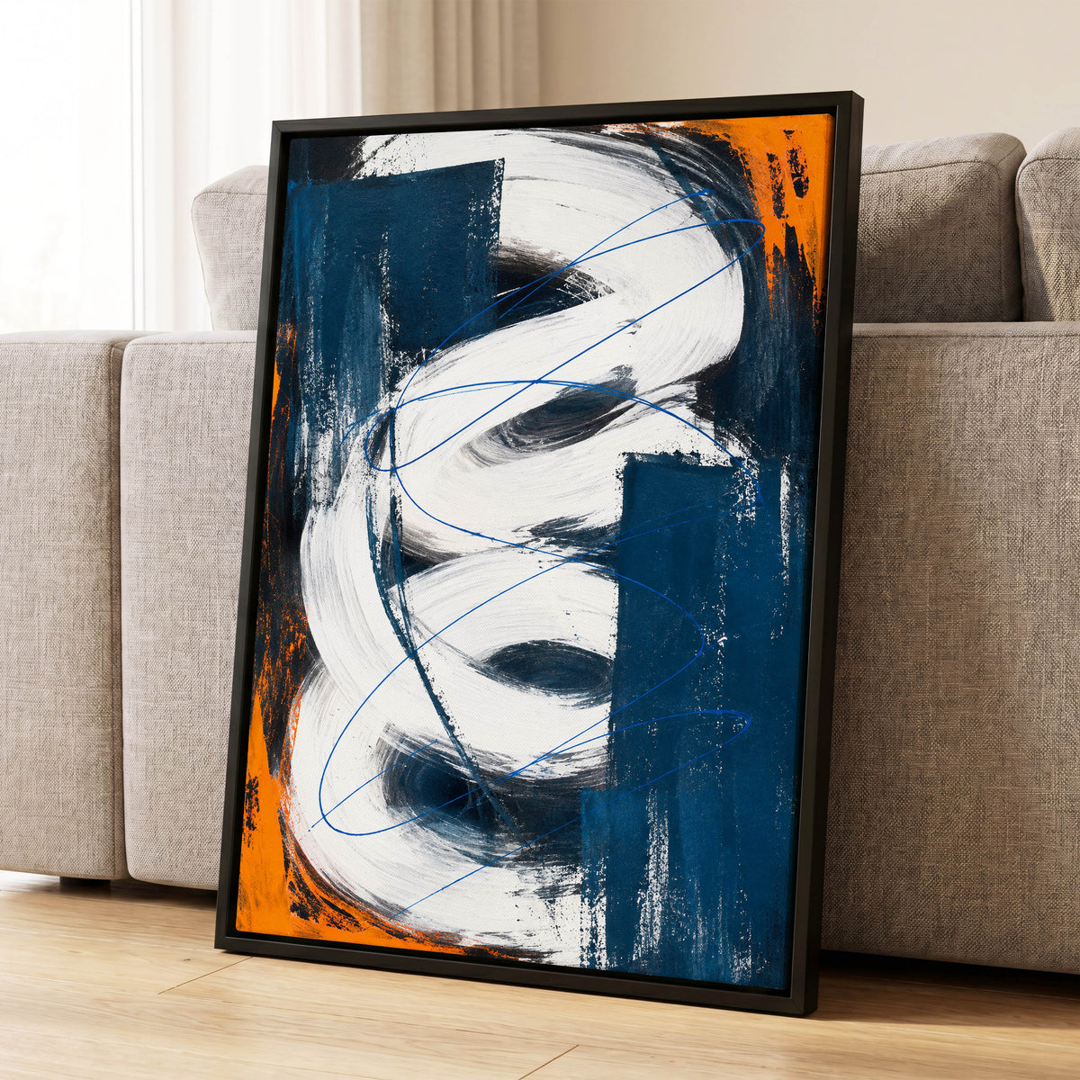Cobalt Current, blue, white, black abstract wall art displayed in a styled interior, gallery view 4