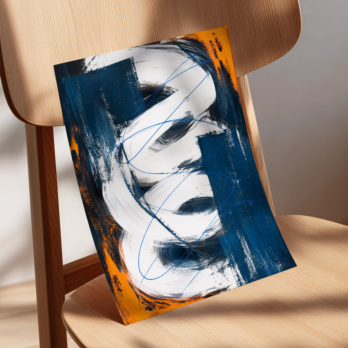 Cobalt Current, blue, white, black abstract wall art displayed in a styled interior, gallery view 5