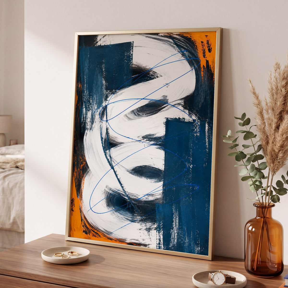 Cobalt Current, blue, white, black abstract wall art displayed in a styled interior, gallery view 6