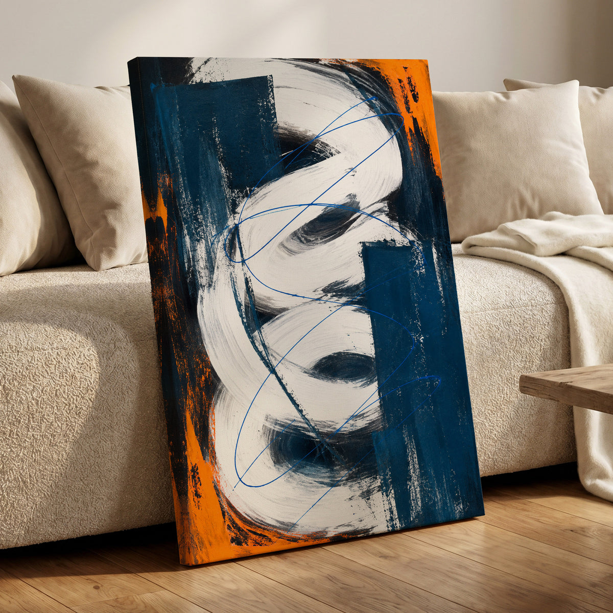 Cobalt Current, blue, white, black abstract wall art displayed in a styled interior, gallery view 7