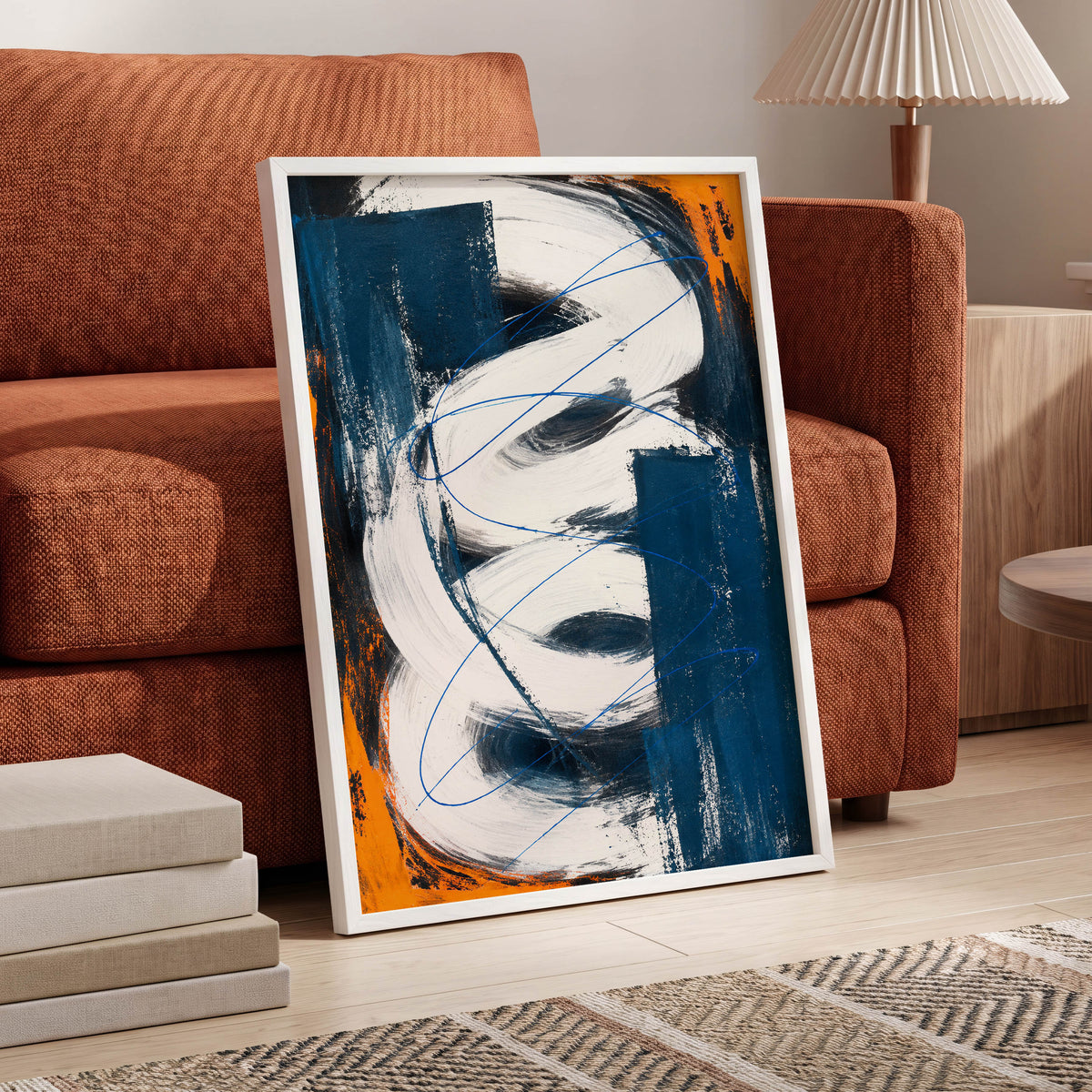 Cobalt Current, blue, white, black abstract wall art displayed in a styled interior, gallery view 9