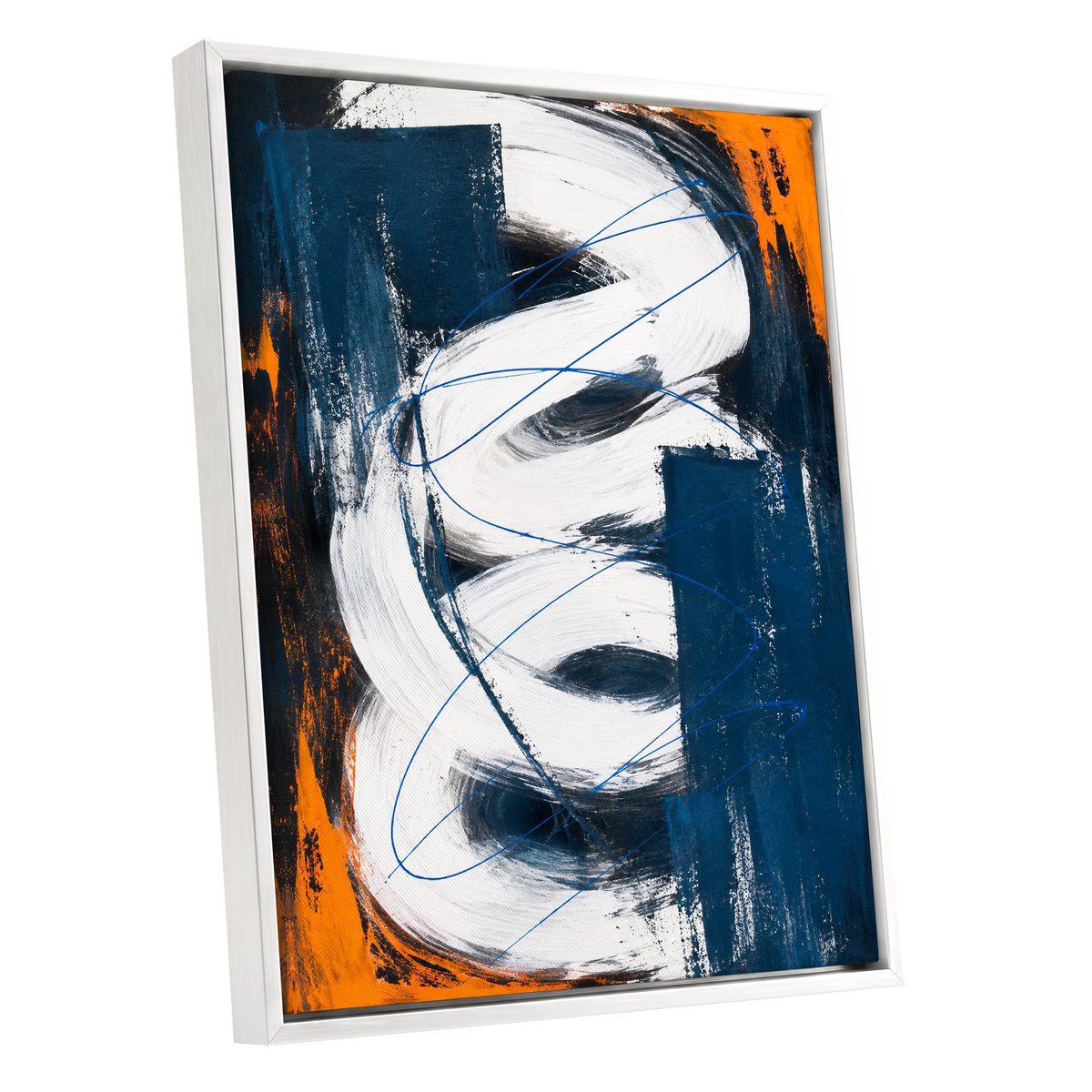 Cobalt Current, blue, white, black abstract wall art shown as a white framed canvas wall art