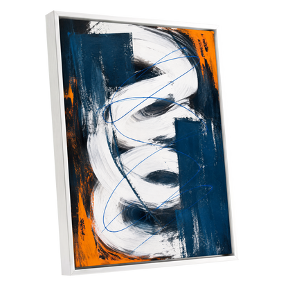 Cobalt Current, blue, white, black abstract wall art shown as a white framed canvas wall art