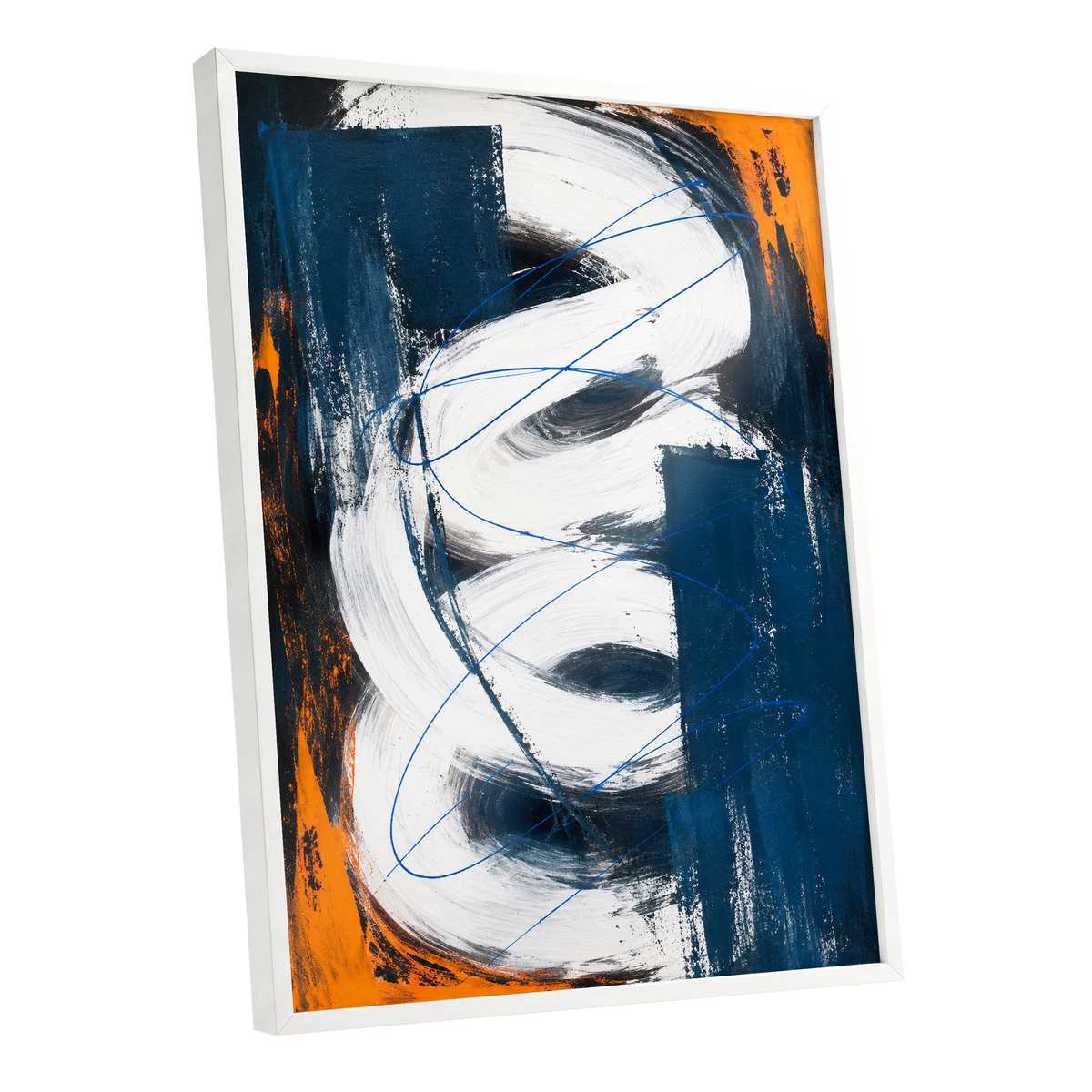 Cobalt Current, blue, white, black abstract wall art shown as a white framed poster wall art print