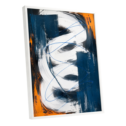 Cobalt Current, blue, white, black abstract wall art shown as a white framed poster wall art print