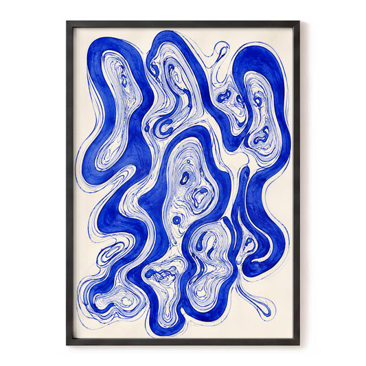 Cobalt Currents, blue, beige, gray abstract wall art, front artwork view
