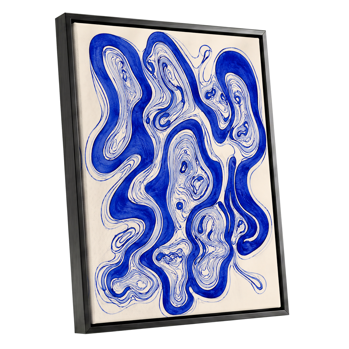 Cobalt Currents, blue, beige, gray abstract wall art shown as a black framed canvas wall art